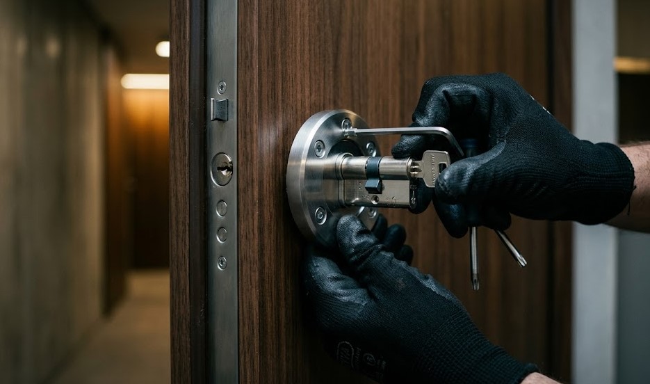 Especialista Cerrajero Barañain instalando cerradura anti-bumping en un piso residencial